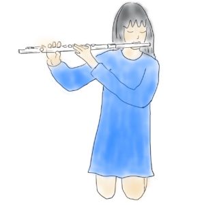 膝立ちでフルートを吹く女の人のイラスト